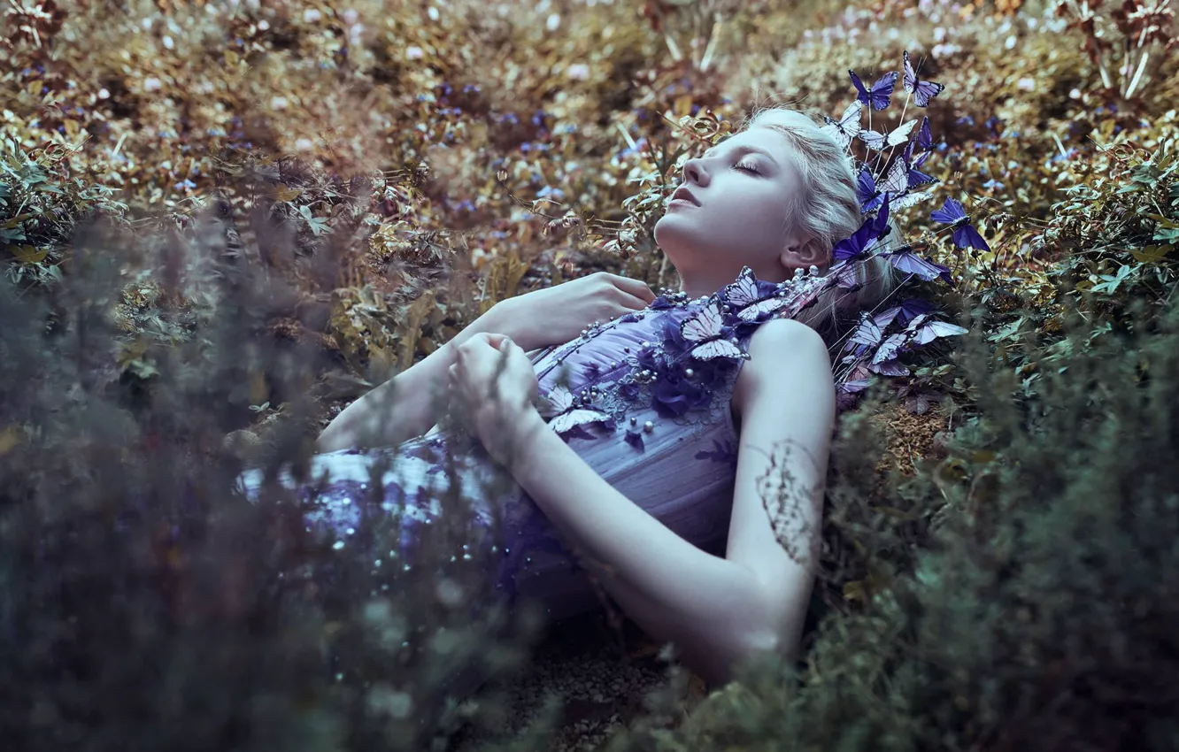 Фото обои трава, девушка, бабочки, цветы, настроение, сон, ситуация, Maria Amanda