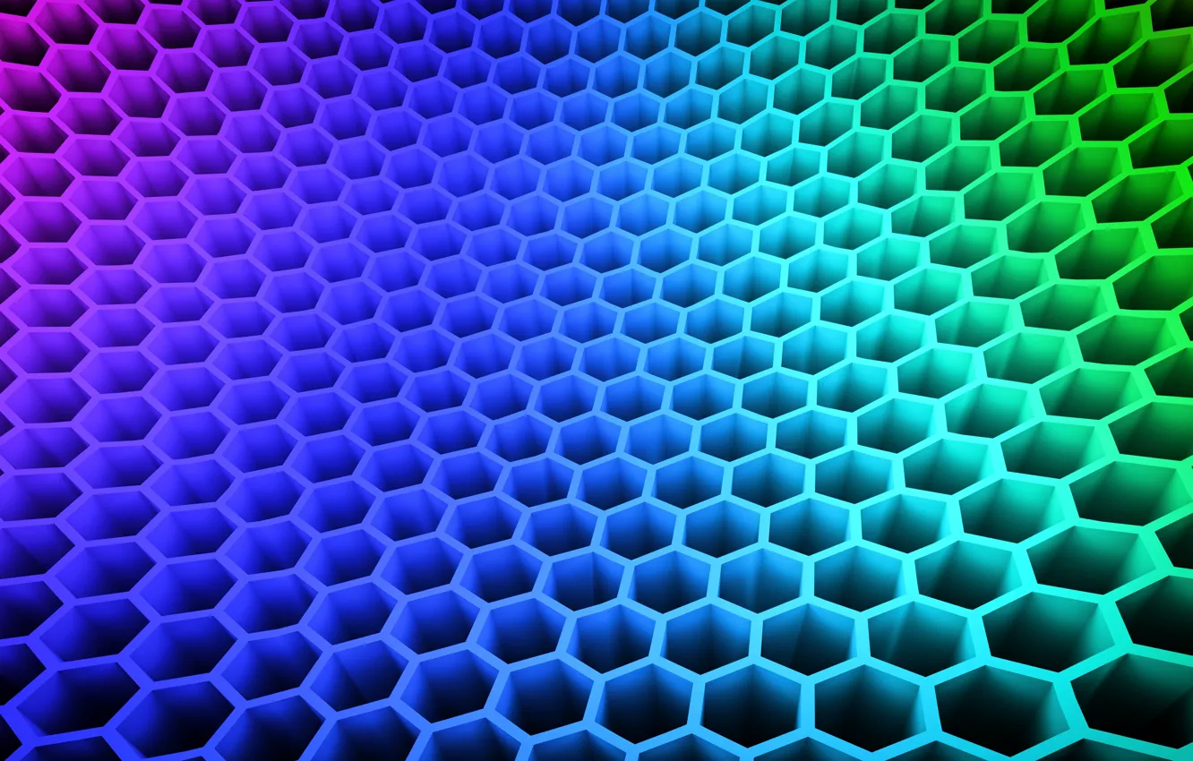 Фото обои абстракция, соты, Цветные, honeycomb, Colored, перелив цвета, трехмерные шестиугольники, 3D Hexagons