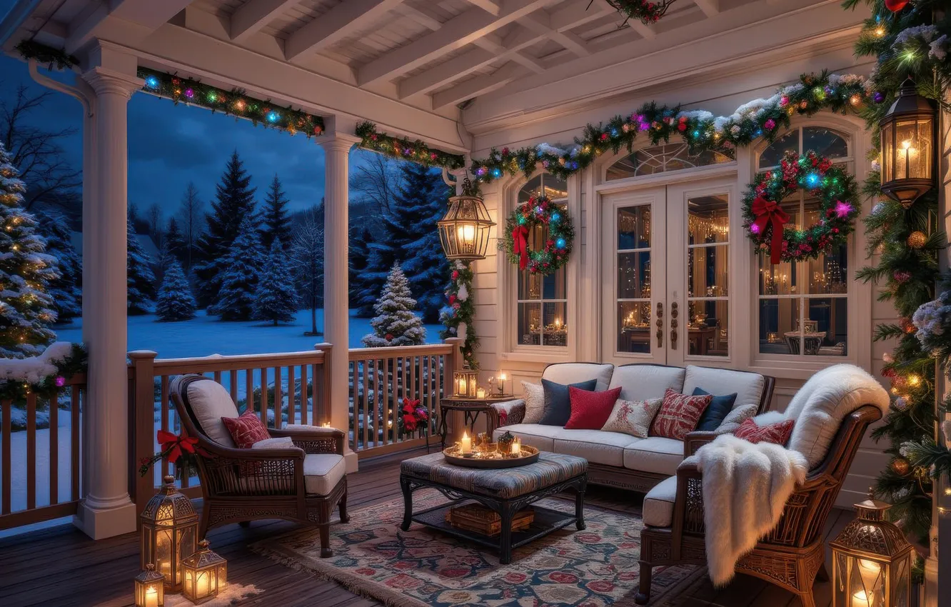 Фото обои зима, снег, ночь, огни, сияние, комната, диван, ковер