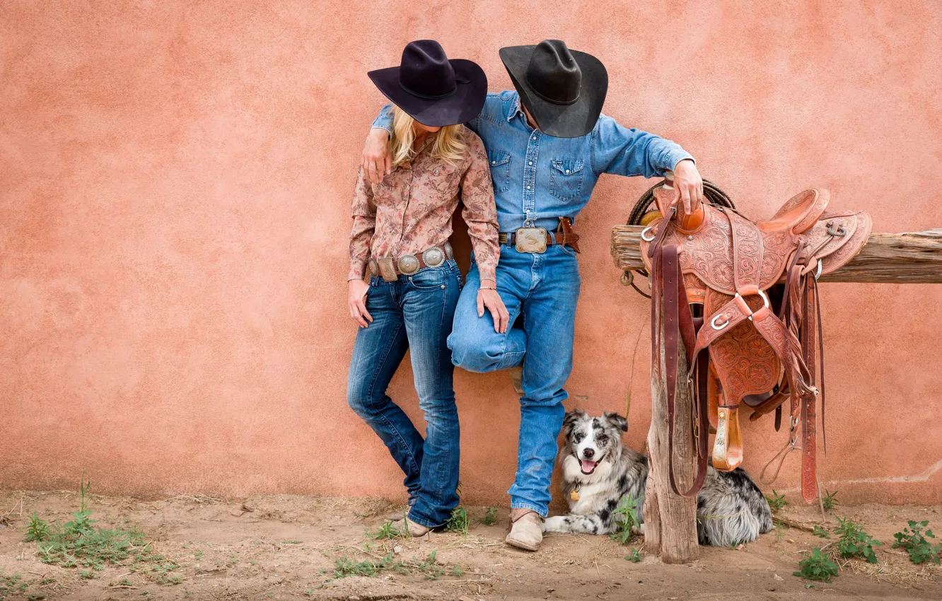 Фото обои woman, dog, man, cowboys, saddle