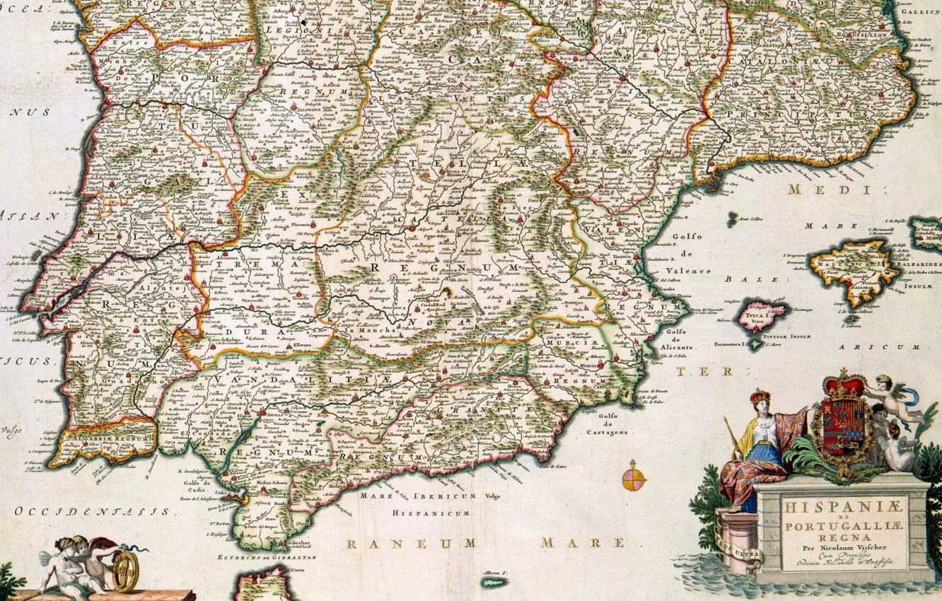 Фото обои old maps, старые карты, Испания и Португалия, Николас Висшер младший, Nicolaes Visscher II, 1680, Spain …