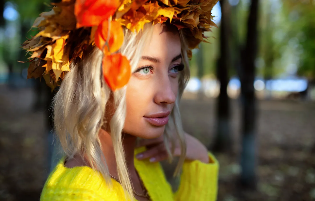 Фото обои осень, взгляд, листья, солнце, свет, Девушка, венок, Максим Орловский
