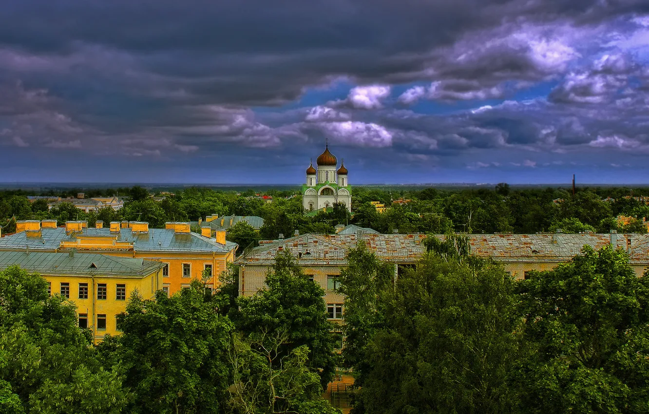 Фото обои облака, деревья, здания, Санкт-Петербург, панорама, Россия, Пушкин, Екатерининский собор