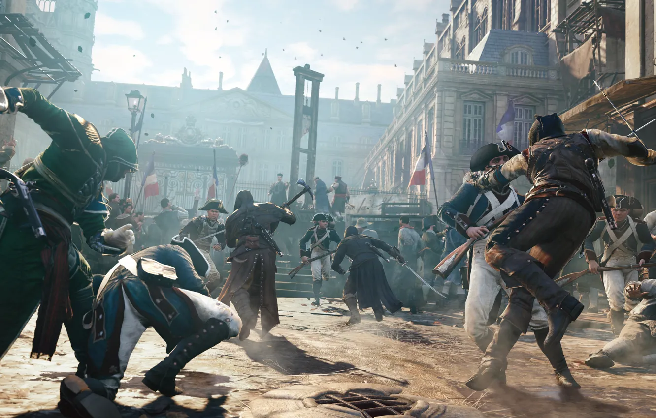 Фото обои город, париж, солдаты, франция, ассасины, Assassin's Creed Unity, убиство