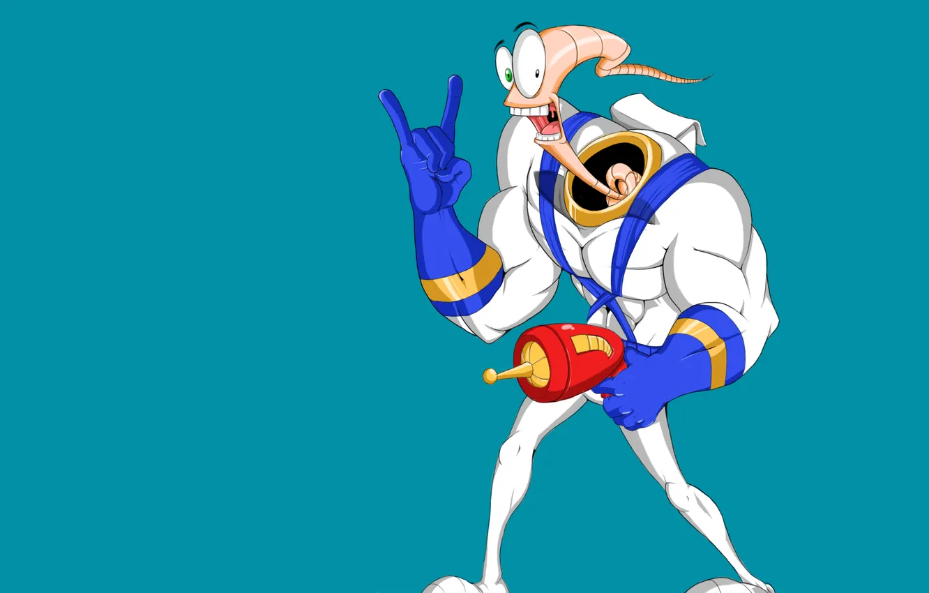 Фото обои оружие, червяк, синий фон, Earthworm Jim