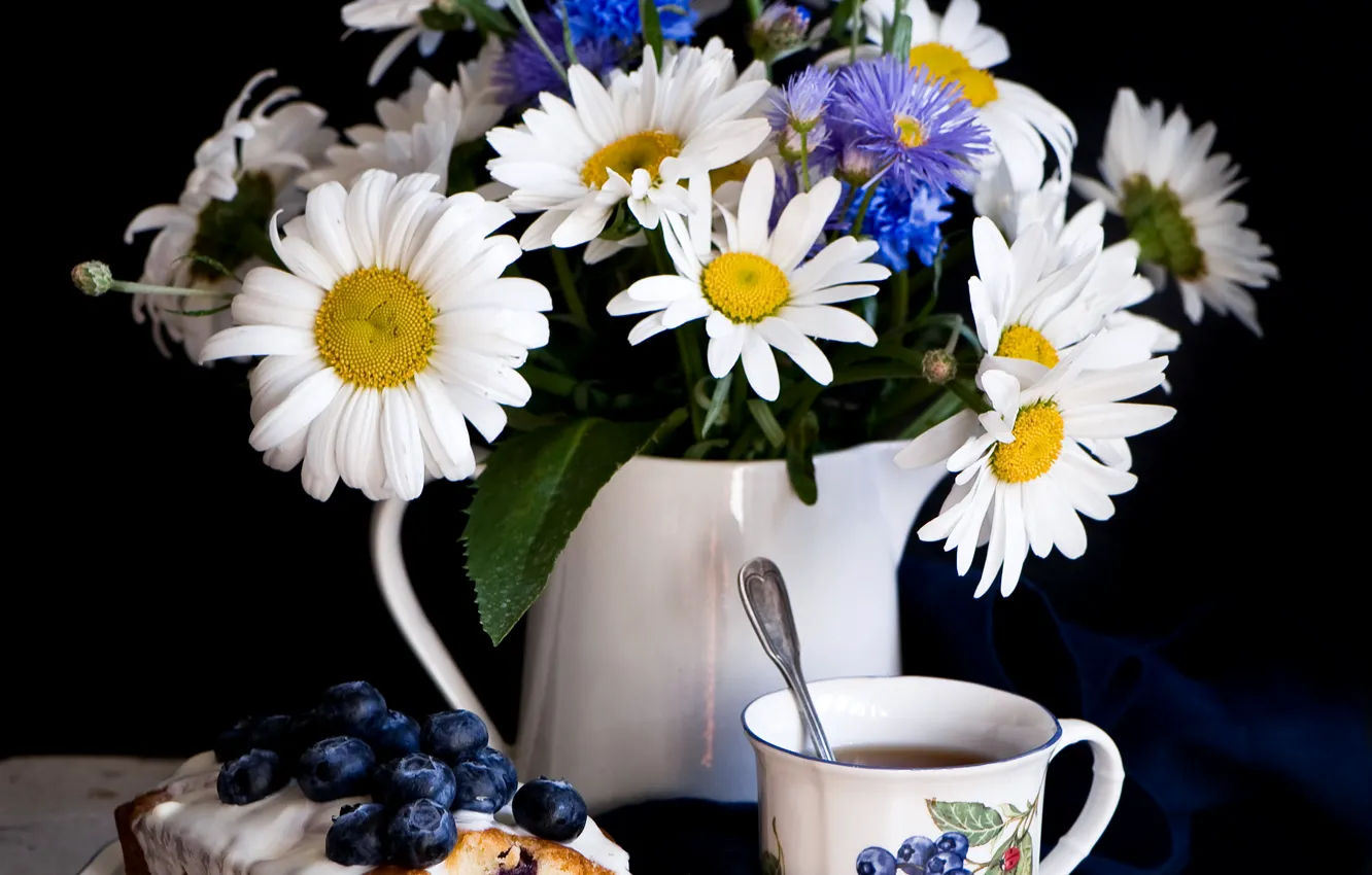 Фото обои чай, ромашки, черника, натюрморт, васильки, кекс, Anna Verdina