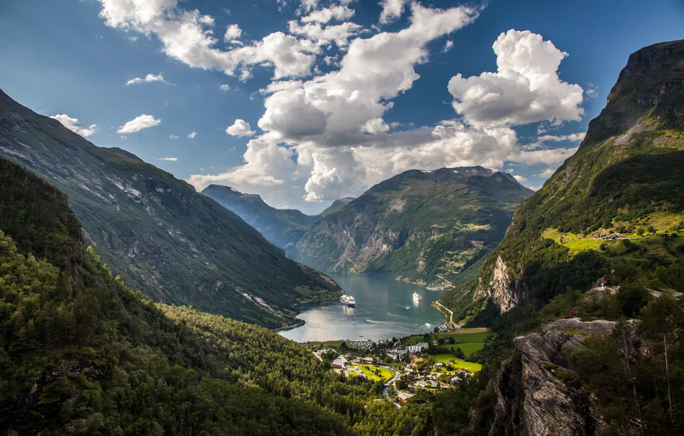 Фото обои горы, бухта, долина, Норвегия, Norway, круизный лайнер