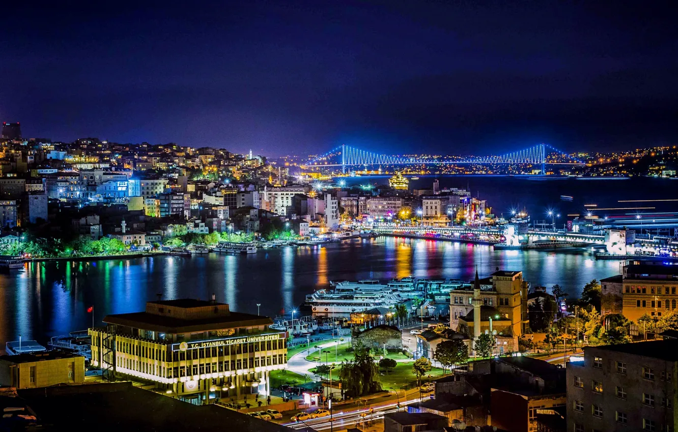 Фото обои ночь, Стамбул, Турция, night, Istanbul, Turkey, Босфор, Bosphorus