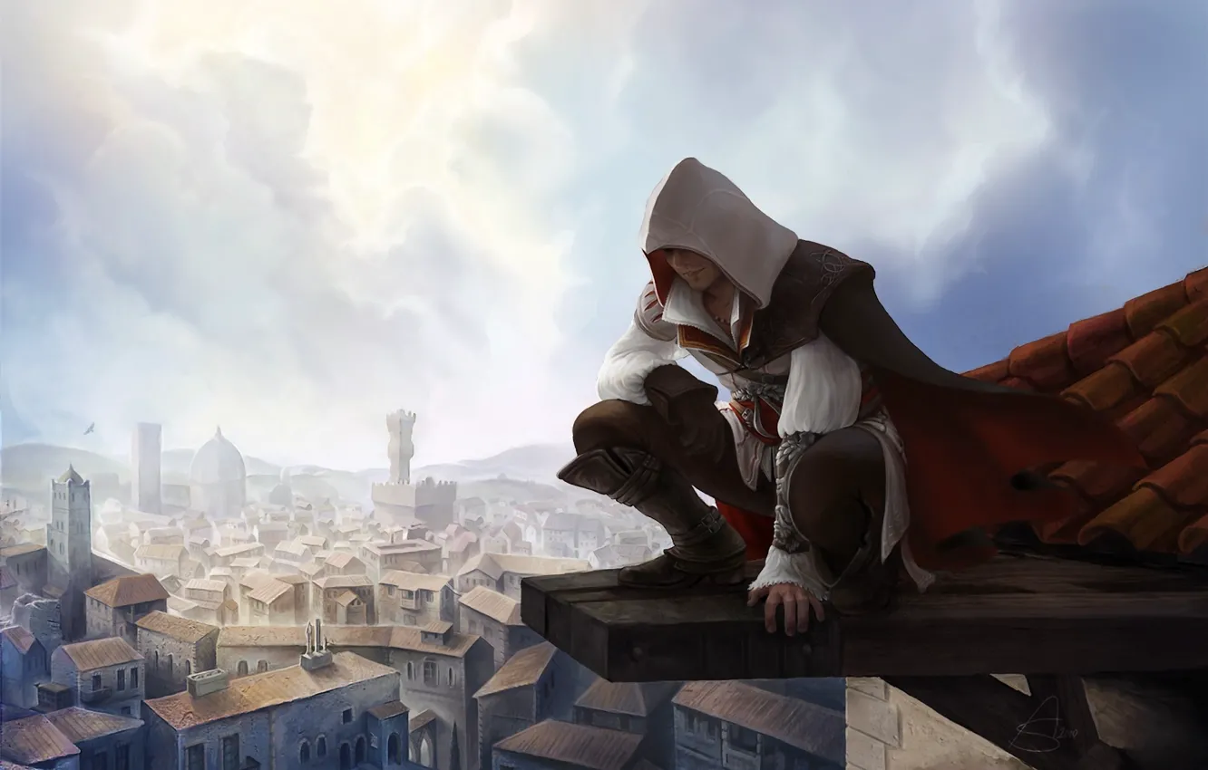 Фото обои крыша, город, высота, Ezio, Assassin's Creed