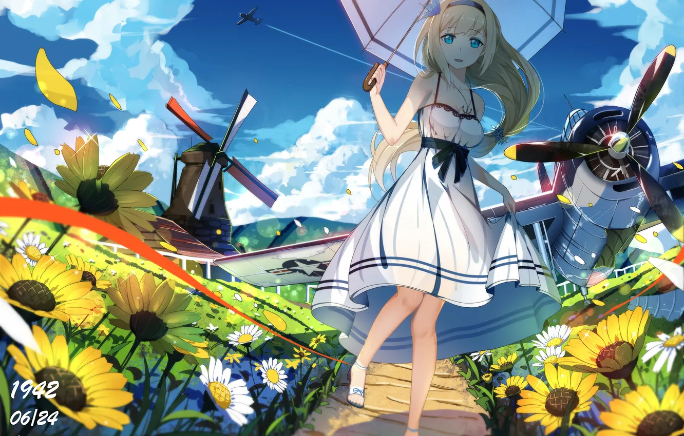 Фото обои небо, девушка, облака, цветы, природа, самолет, ромашки, зонт