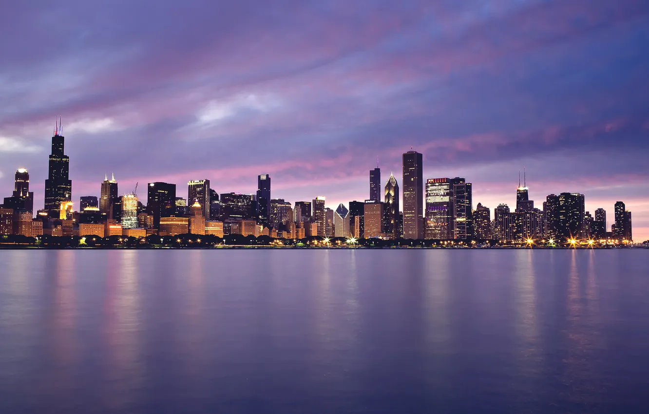 Фото обои закат, огни, здания, Chicago, небоскрёбы