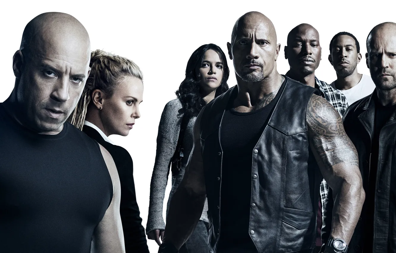 Фото обои Charlize Theron, cinema, movie, Vin Diesel, Jason Statham, Dwayne Johnson, Michelle Rodriguez, film