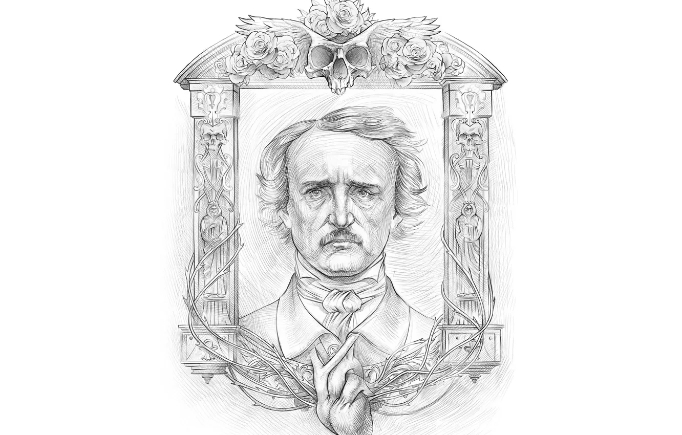Фото обои skull, white, black, look, writer, frame, Edgar Allan Poe