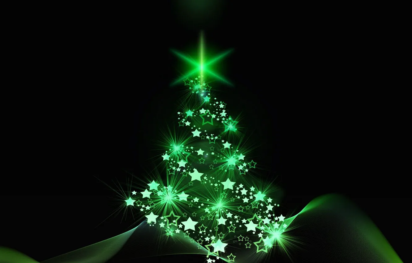 Фото обои Минимализм, Зеленый, Рождество, Черный фон, Новый год, Елка