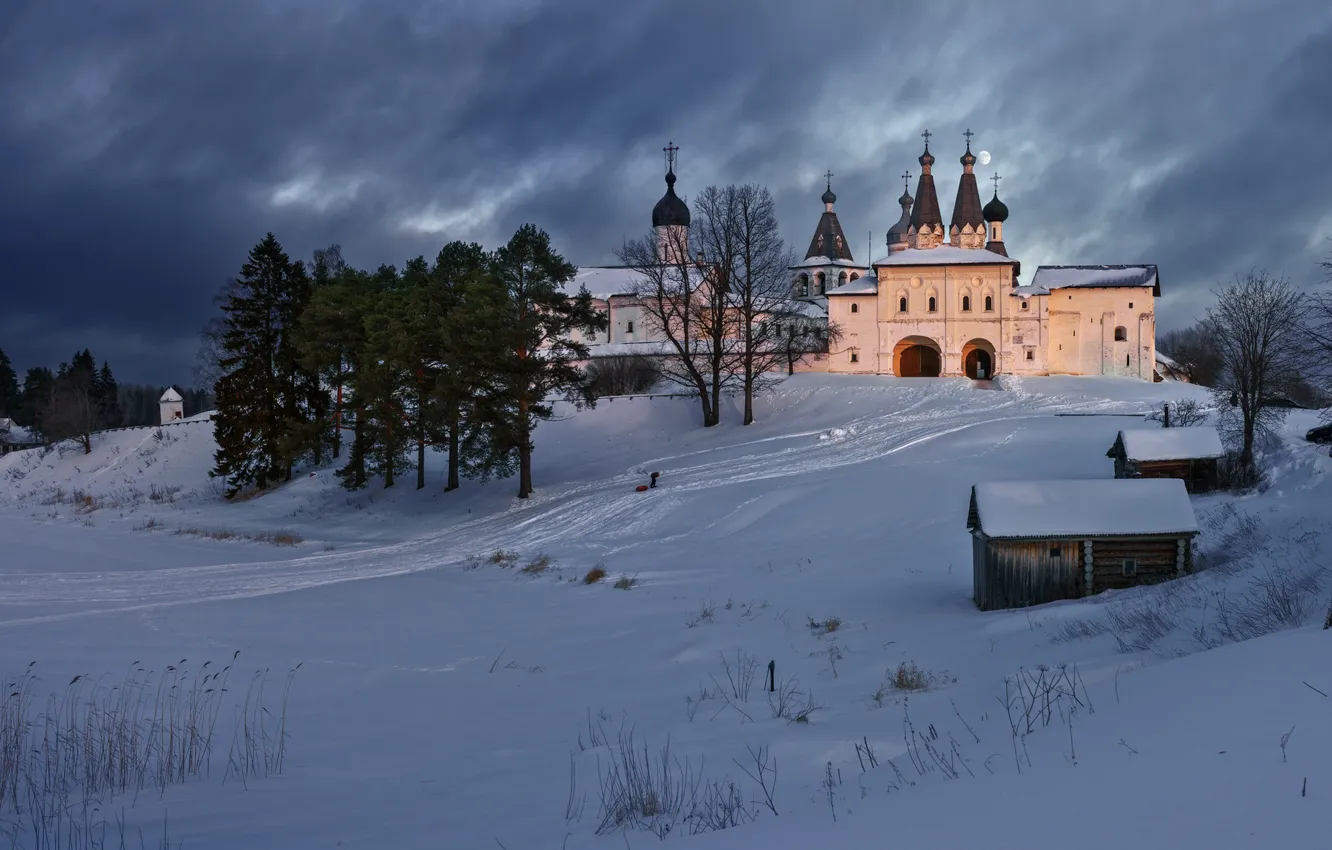 Фото обои зима, снег, деревья, пейзаж, природа, церковь, храм, Ферапонтово