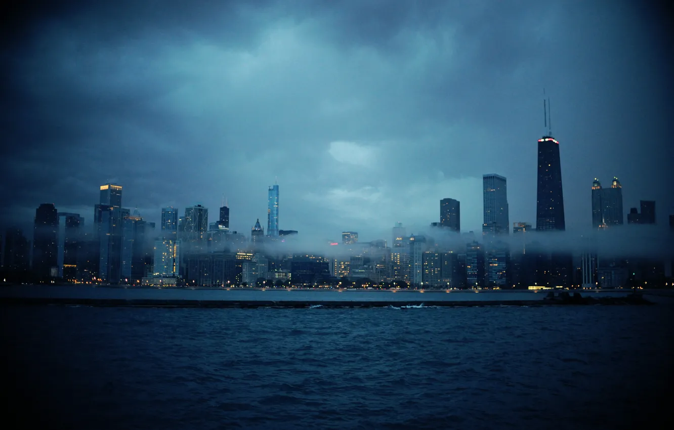 Фото обои свет, буря, Чикаго, сумерки, Иллинойс, линия горизонта, серые облака