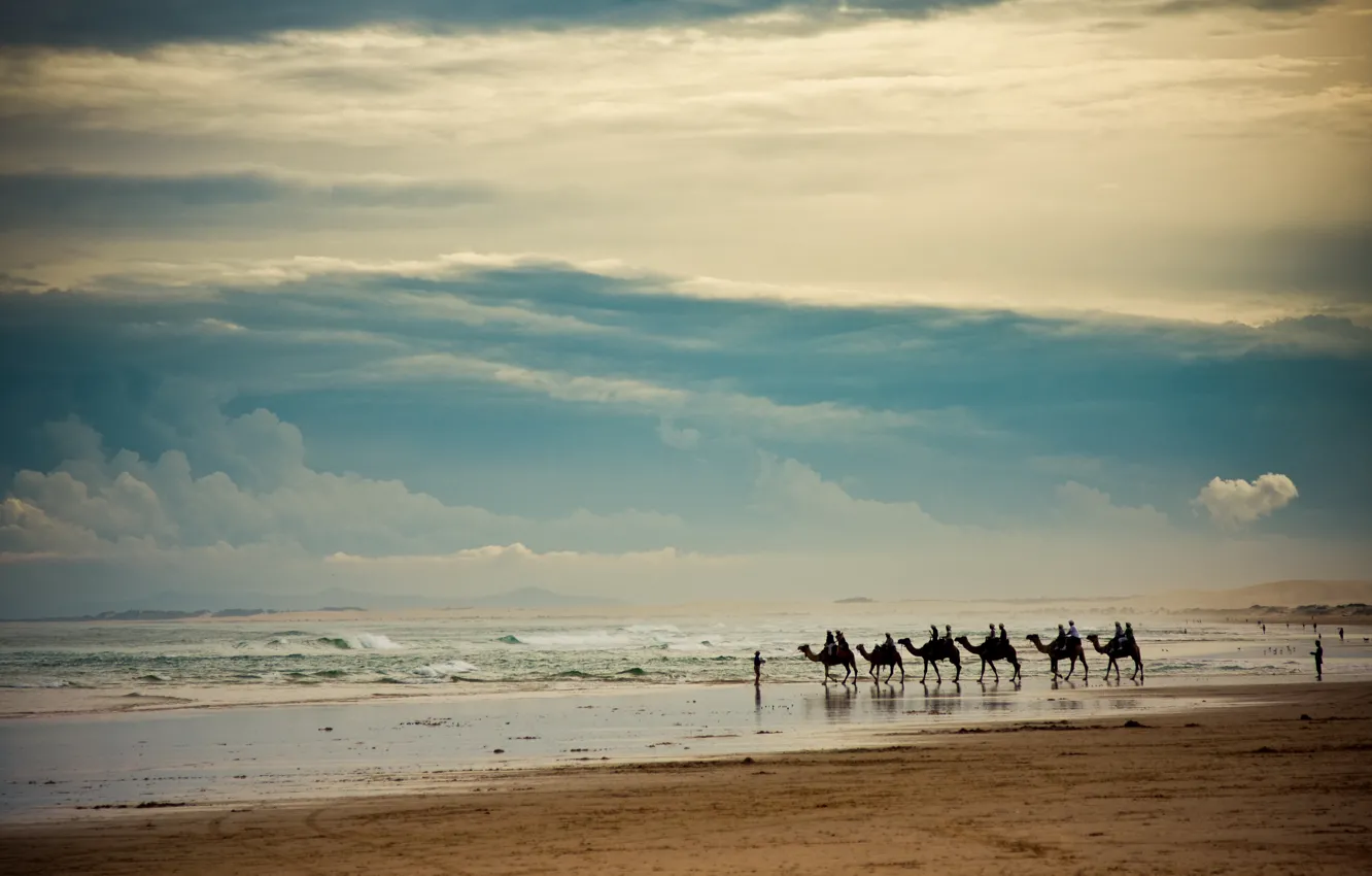 Фото обои песок, море, волны, небо, пейзаж, тучи, люди, берег
