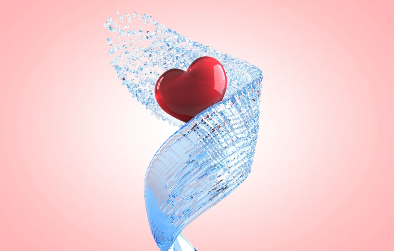 Фото обои вода, брызги, прозрачный, розовый, сердце, спираль, струя