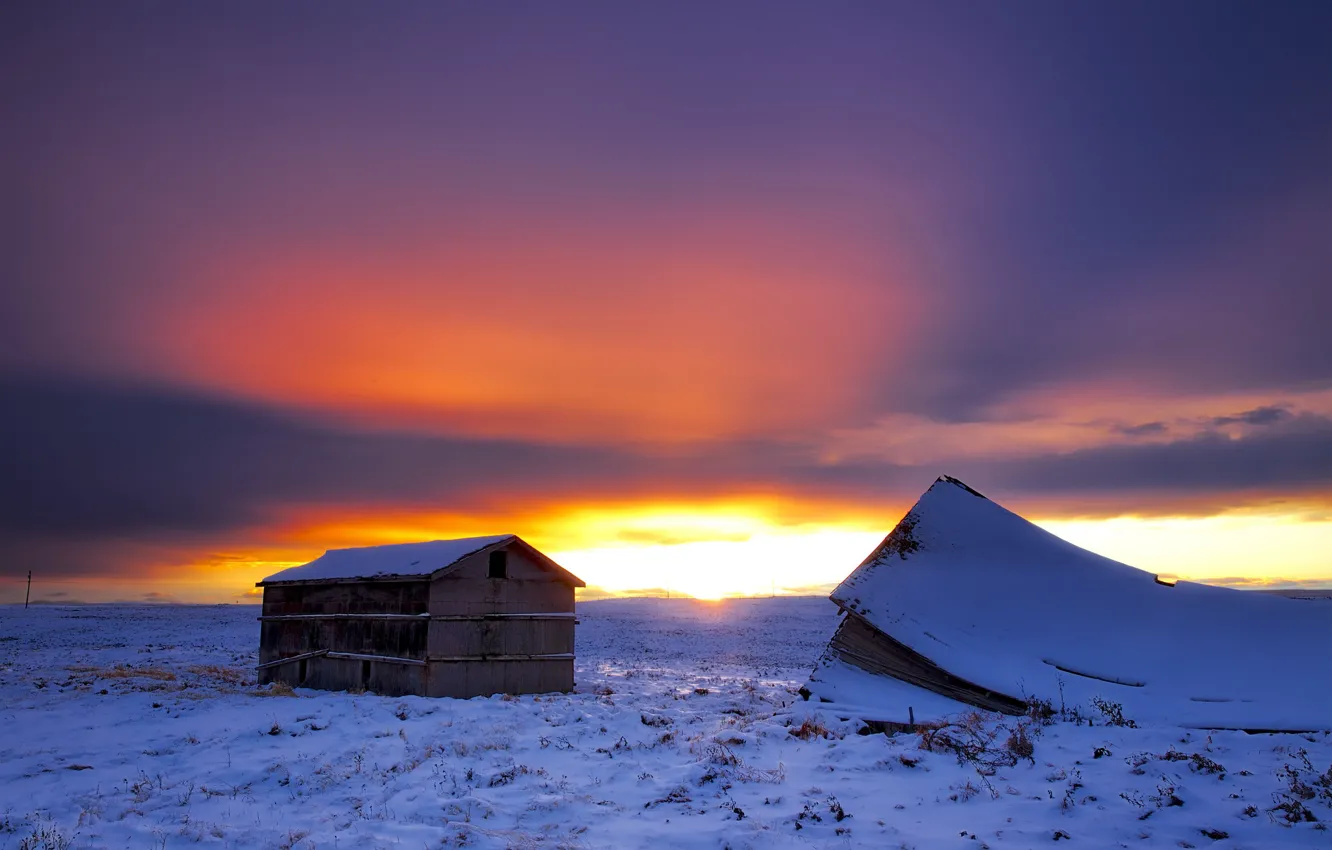 Фото обои зима, снег, рассвет, домик