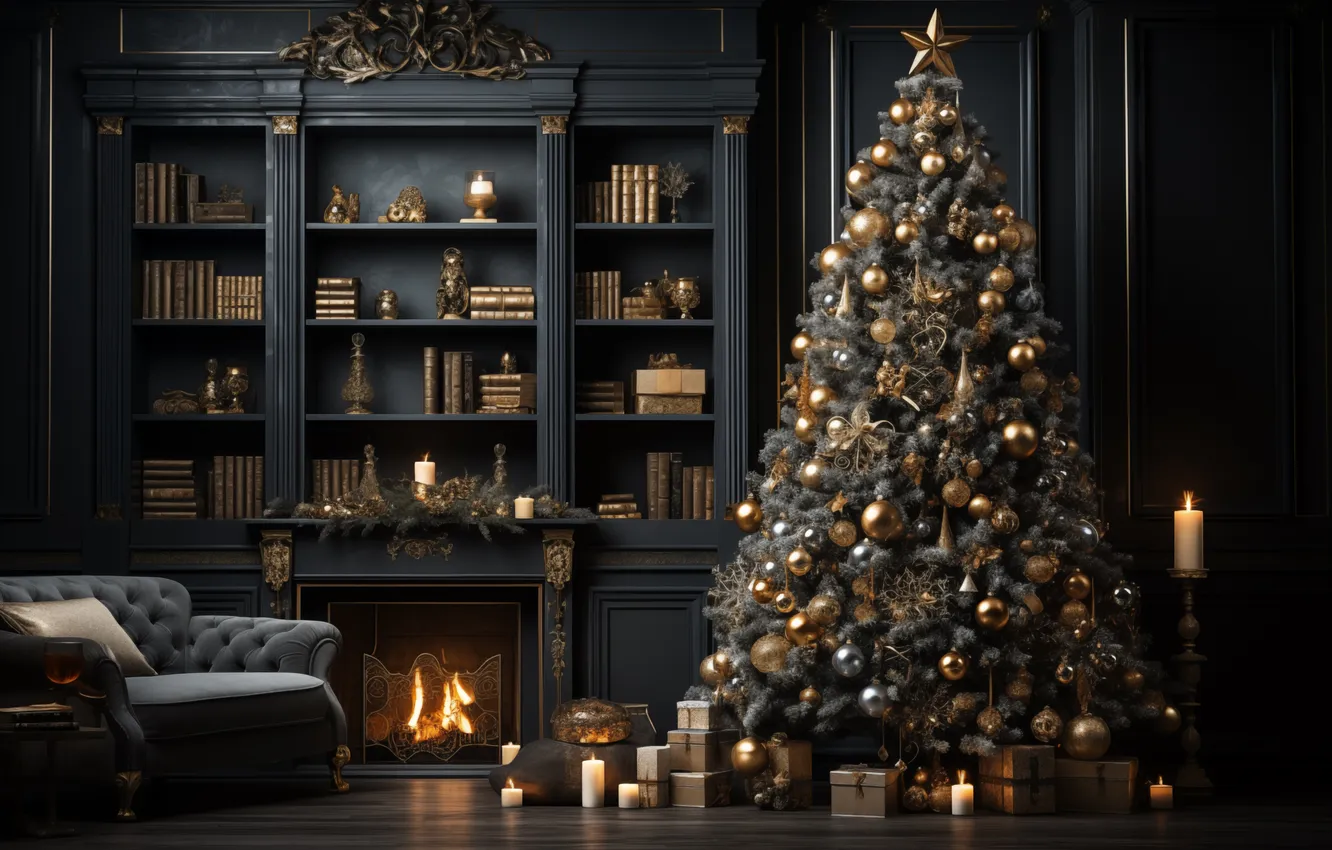 Фото обои украшения, комната, елка, интерьер, Рождество, подарки, Новый год, Christmas