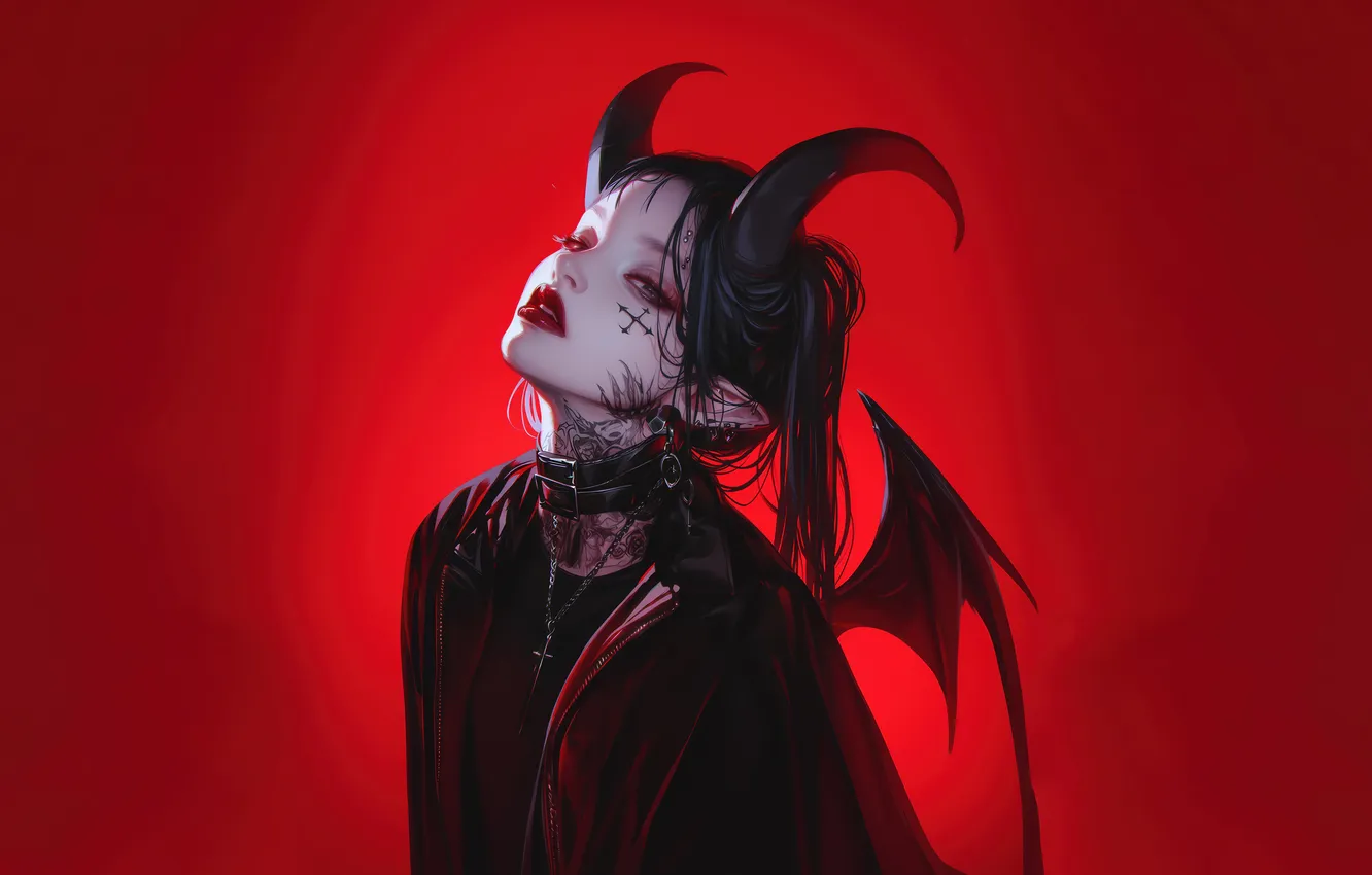 Фото обои Art, Devil, Anime, Tattoo, Demon, Red Lips, Wings, Horn