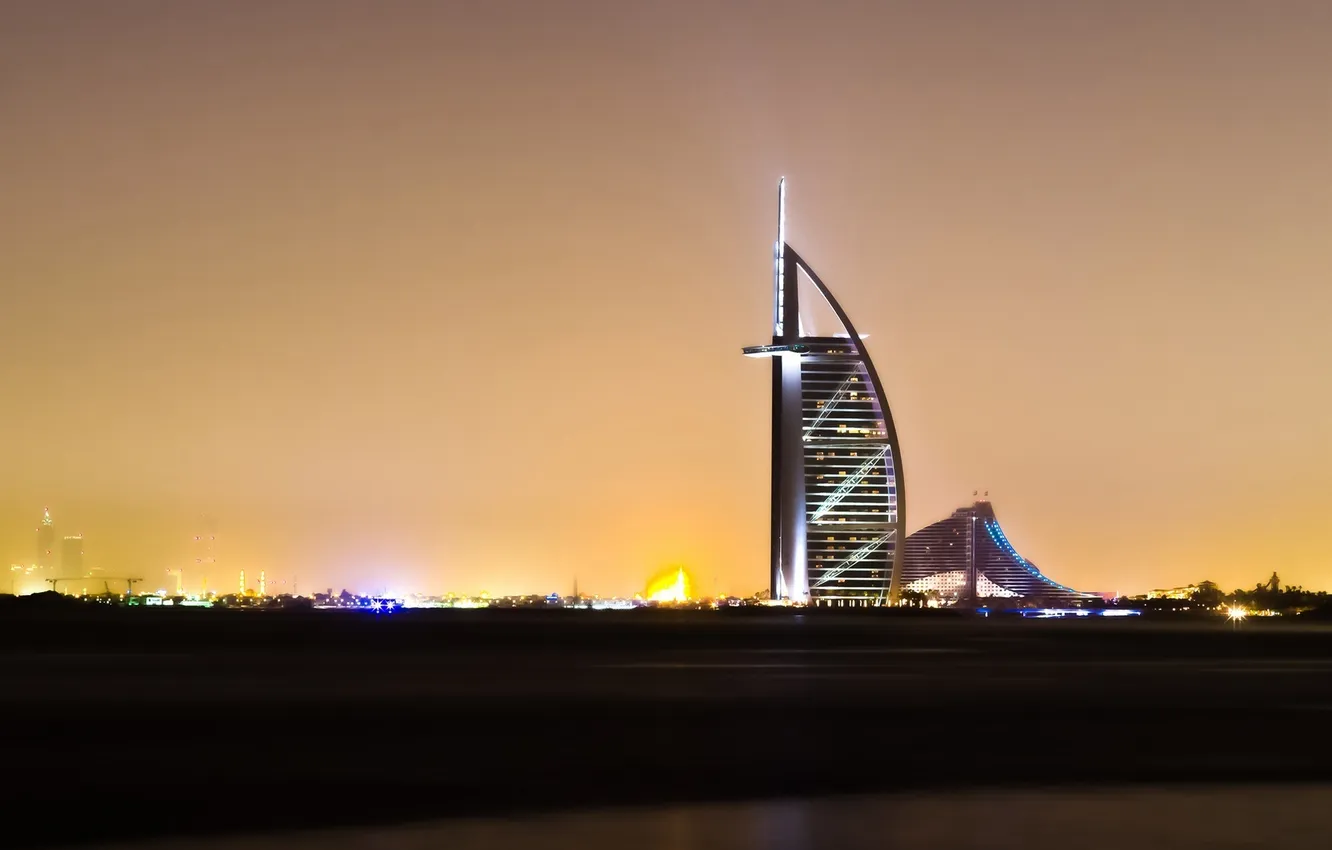 Фото обои свет, ночь, дома, Dubai, дубай, оаэ, Джумейра-Бич-отель, Бурдж Аль Араб