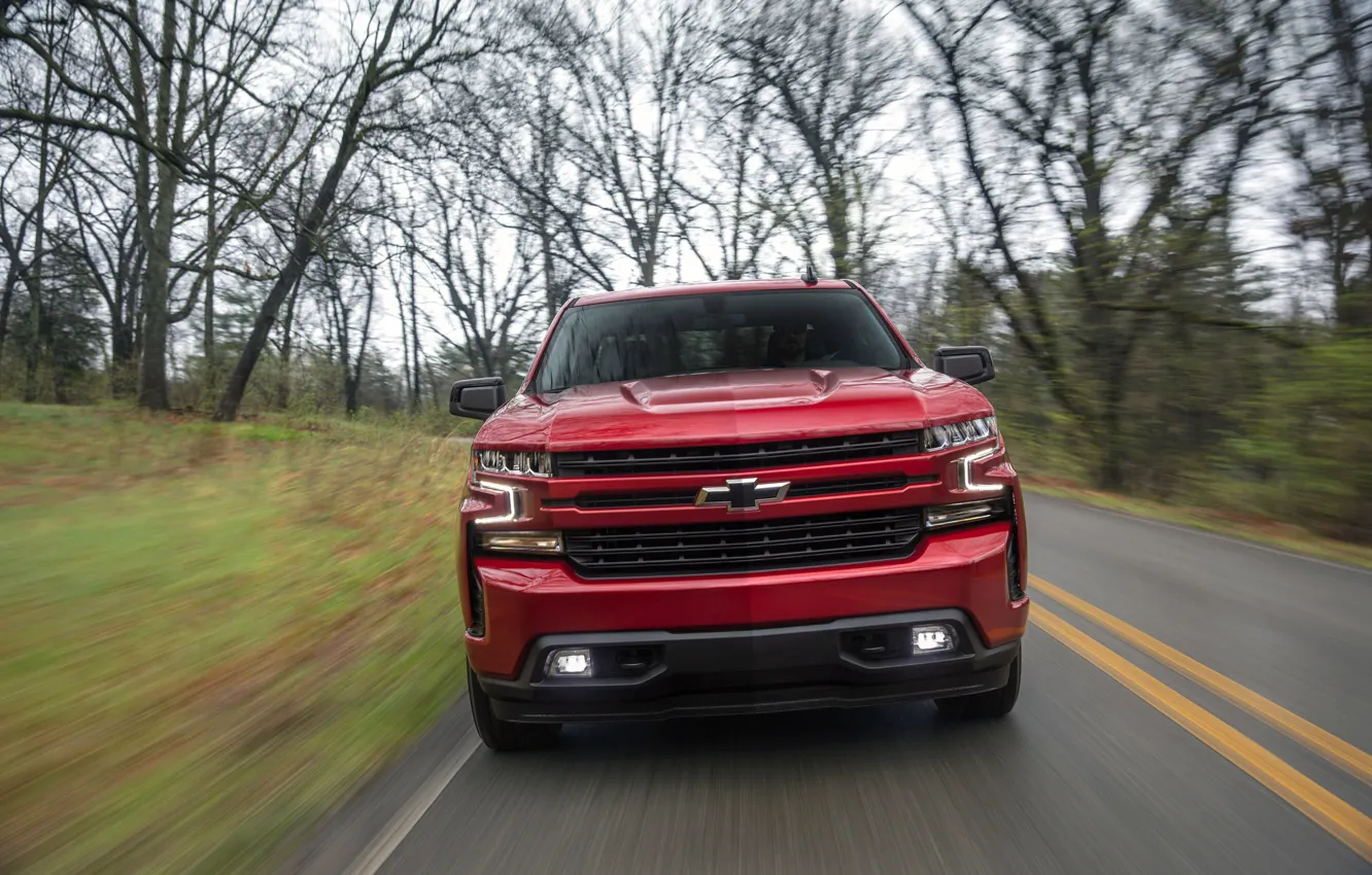 Фото обои красный, Chevrolet, вид спереди, пикап, Silverado, 2019, RST