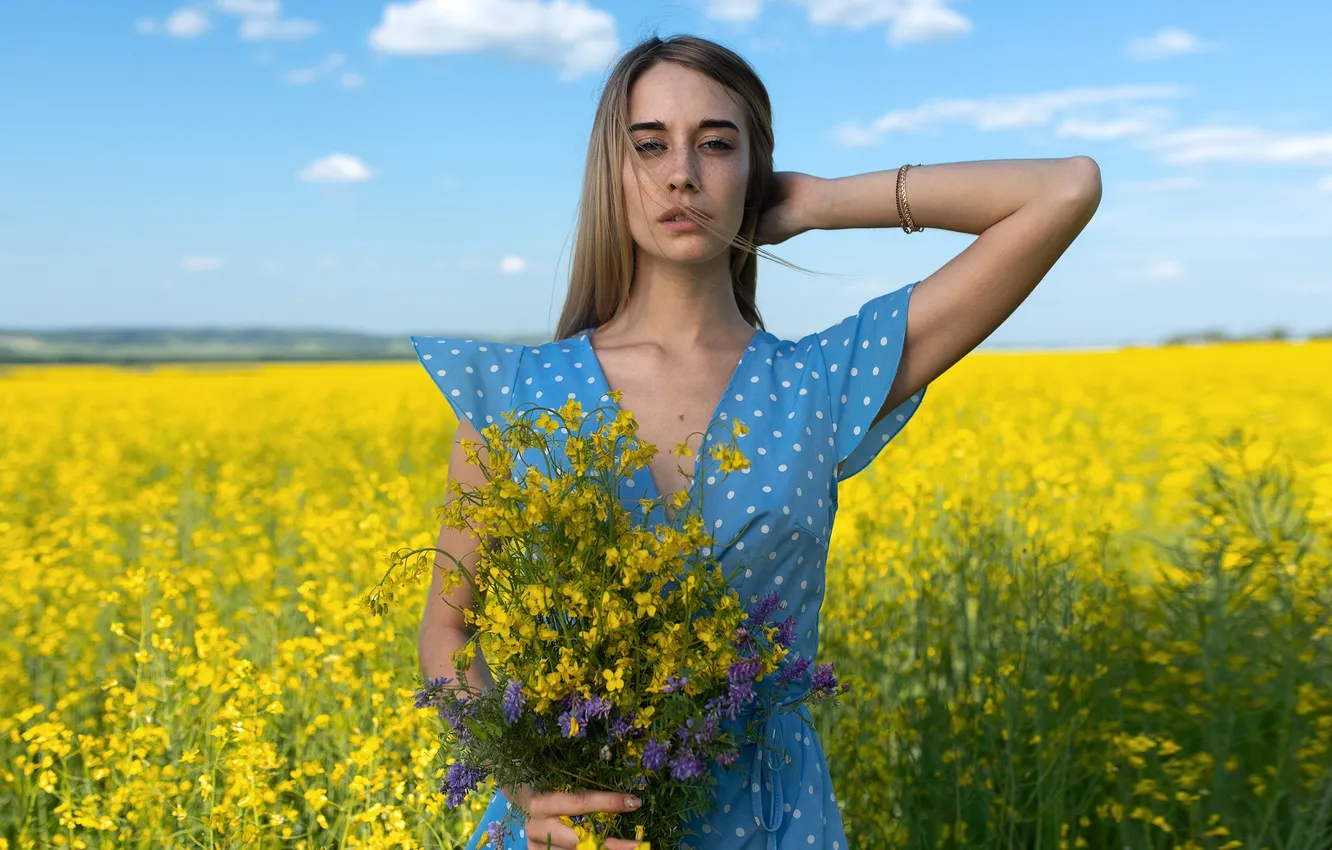 Фото обои девушка, милая, модель, Цветы, Поле, Лицо, Обои, День