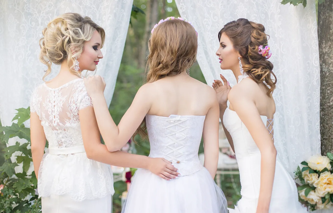 Фото обои девушки, спина, платье, невеста, подружки