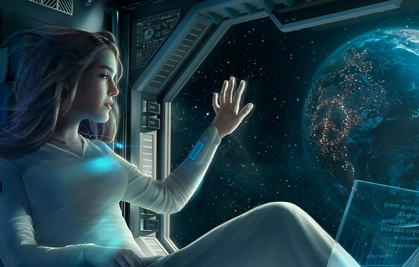 Фото обои space, girl, fantasy, Earth, computer, science fiction, stars, sci-fi