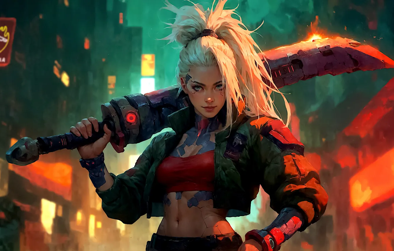 Фото обои city, girl, sword, fantasy, blue eyes, ponytail, blonde, digital art