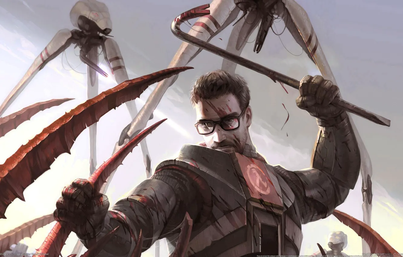 Фото обои кровь, очки, монстры, мужчина, битва, half-life 2