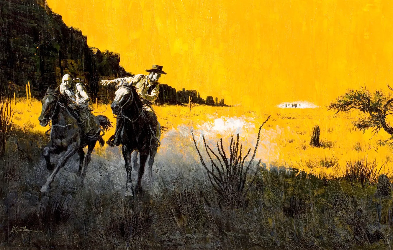 Фото обои погоня, лошади, прерия, ковбои, дикий запад, Mort Künstler