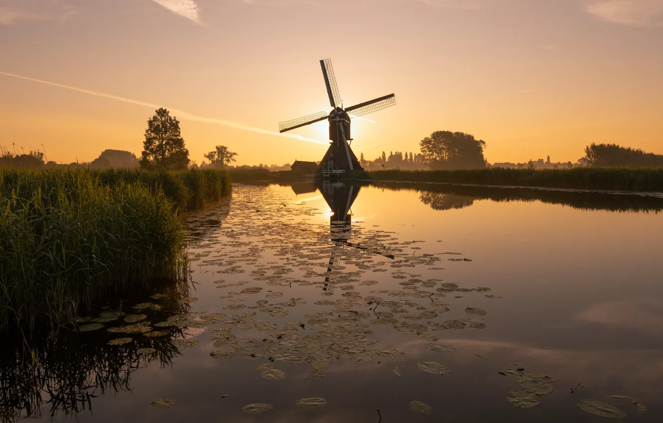 Фото обои рассвет, утро, мельница, канал, Нидерланды, South Holland, Overslingeland