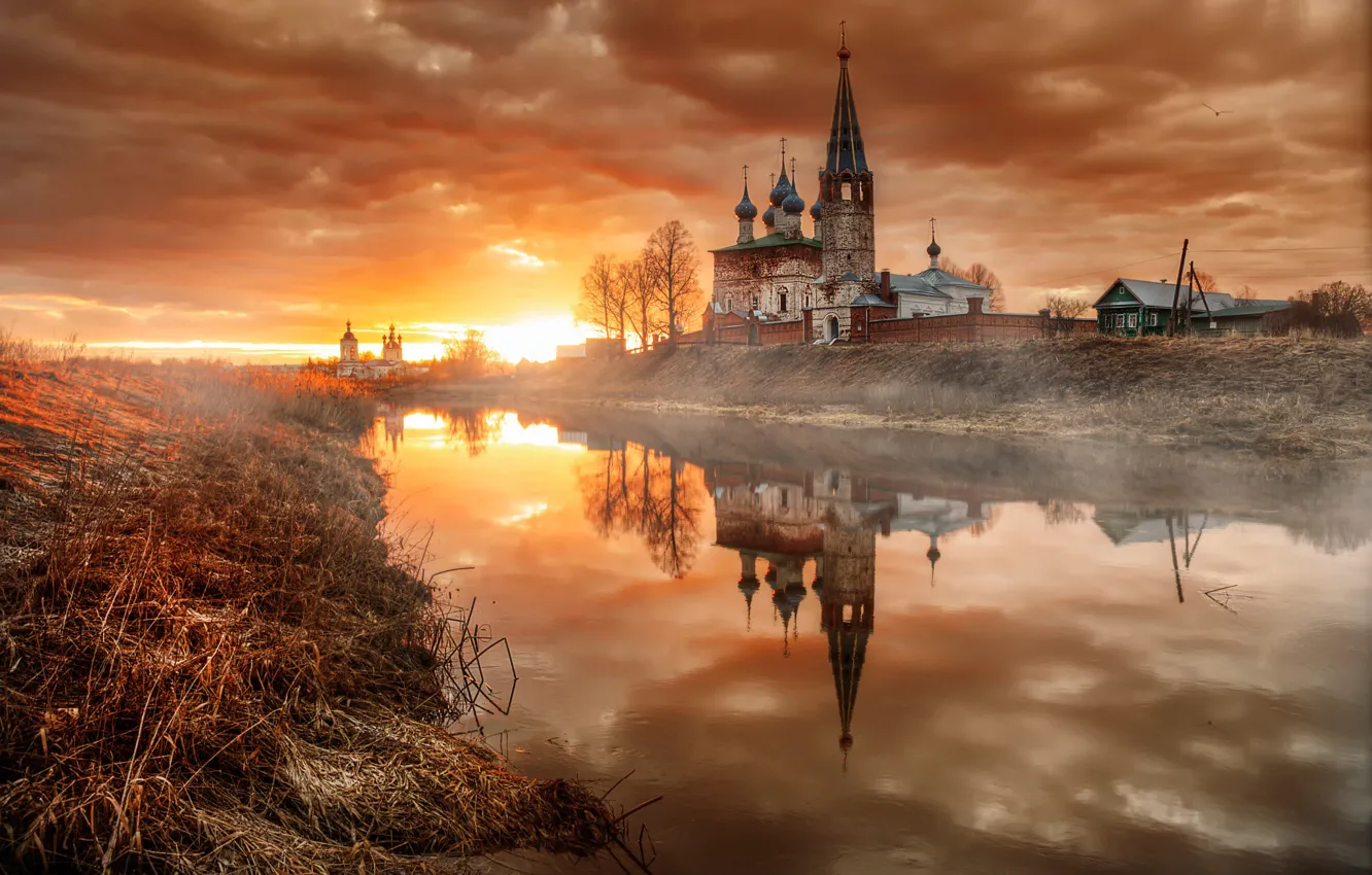 Фото обои рассвет, село, утро, Апрель, храм, Россия, Дунилово