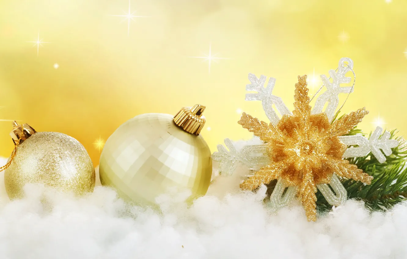 Фото обои снег, золото, праздник, шары, новый год, снежинка