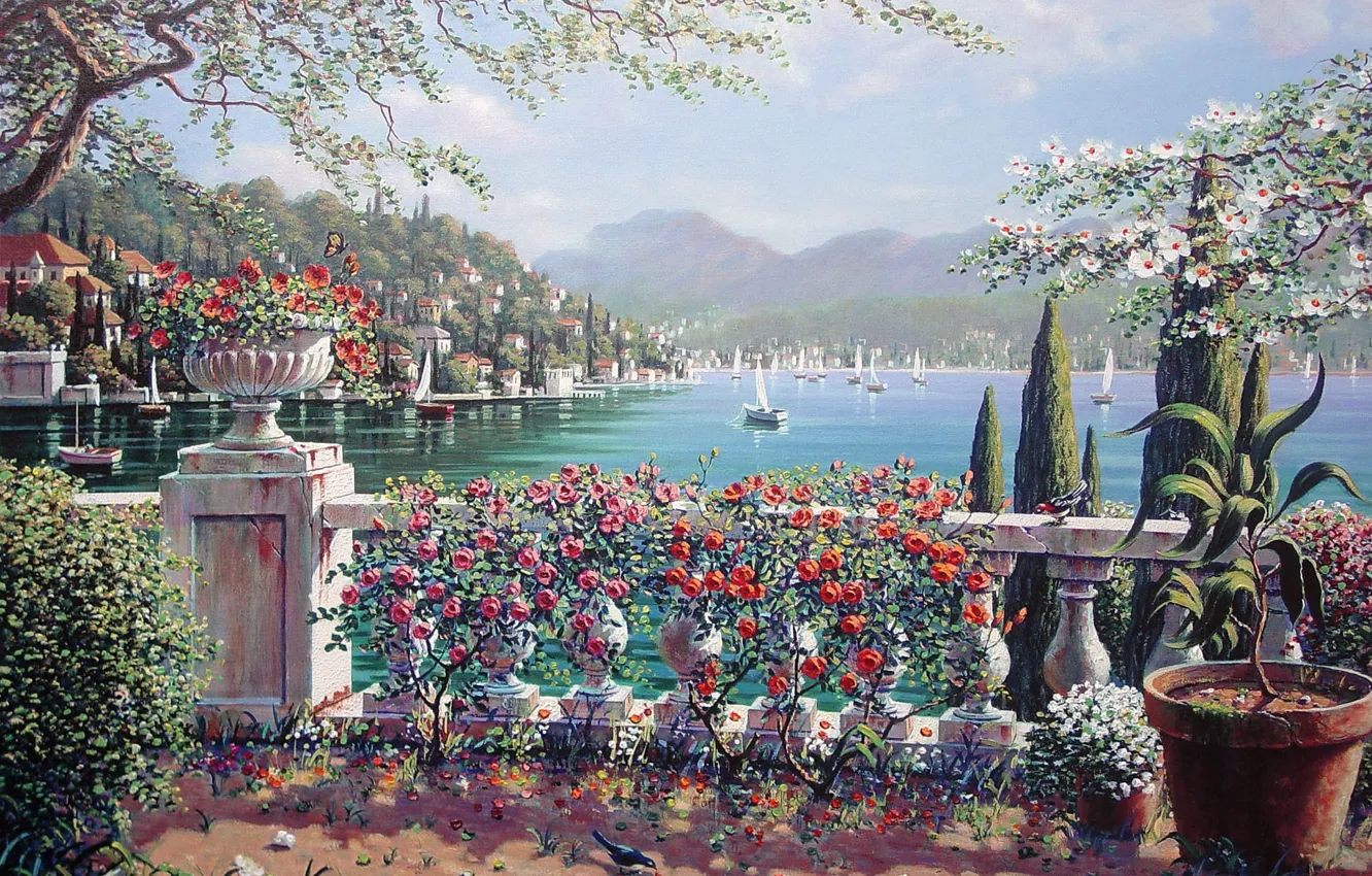 Фото обои цветы, город, озеро, розы, Италия, парус, живопись, Italy