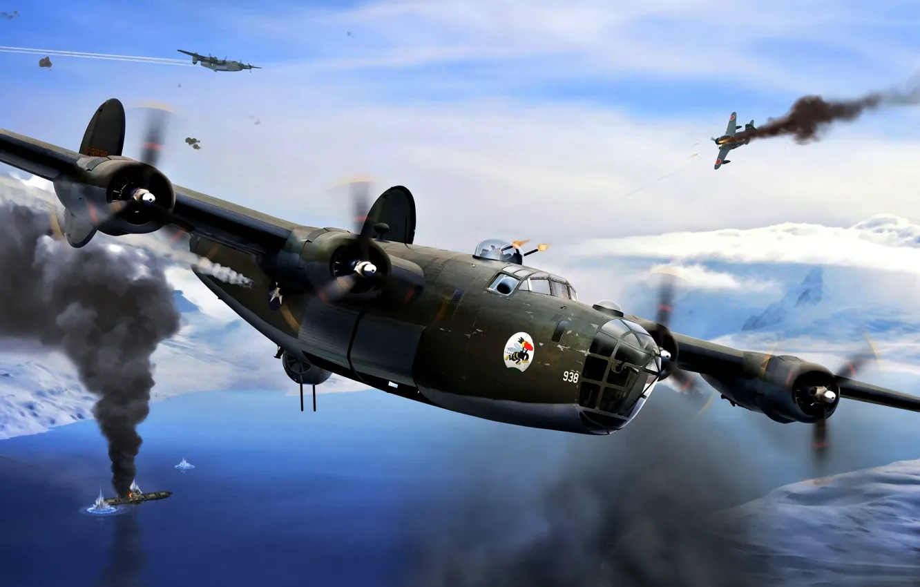 Фото обои Рисунок, бомбардировщик, американский, USAF, тяжёлый, массовый, Liberator, Consolidated
