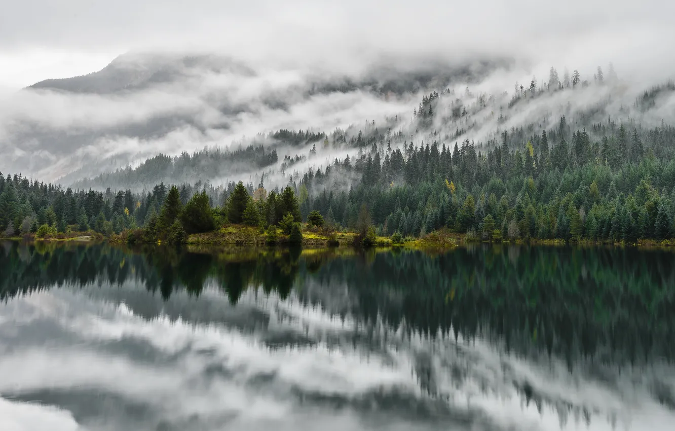 Фото обои облака, деревья, горы, озеро, отражение, зеркало, сосны