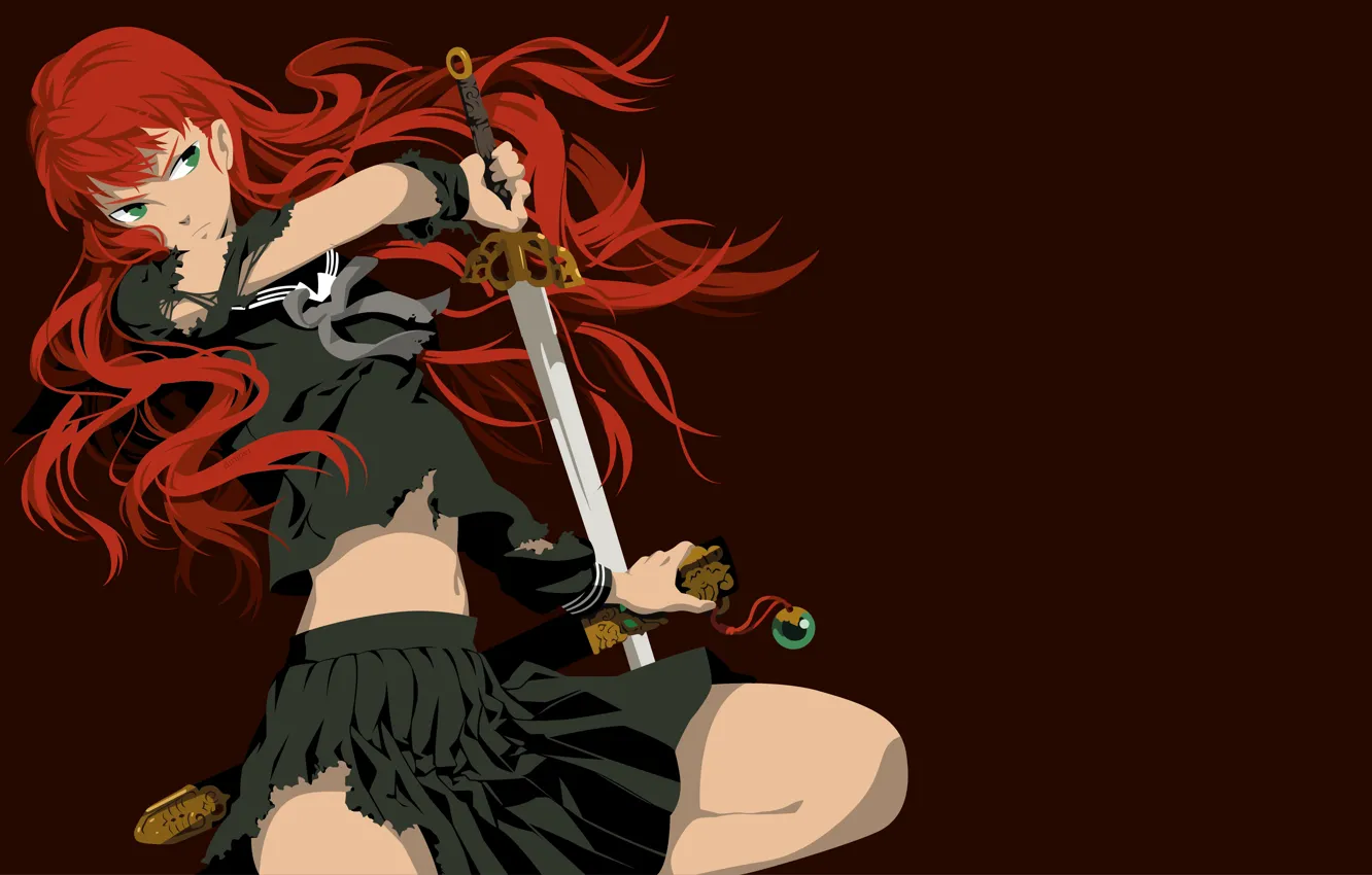 Фото обои взгляд, девушка, меч, красные волосы, рваная одежда