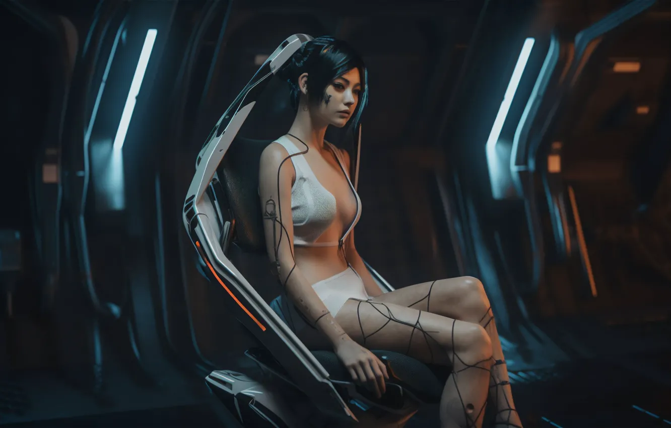 Фото обои фантастика, брюнетка, азиатка, андроид, android, красивая девушка, spaceship, космический корабль