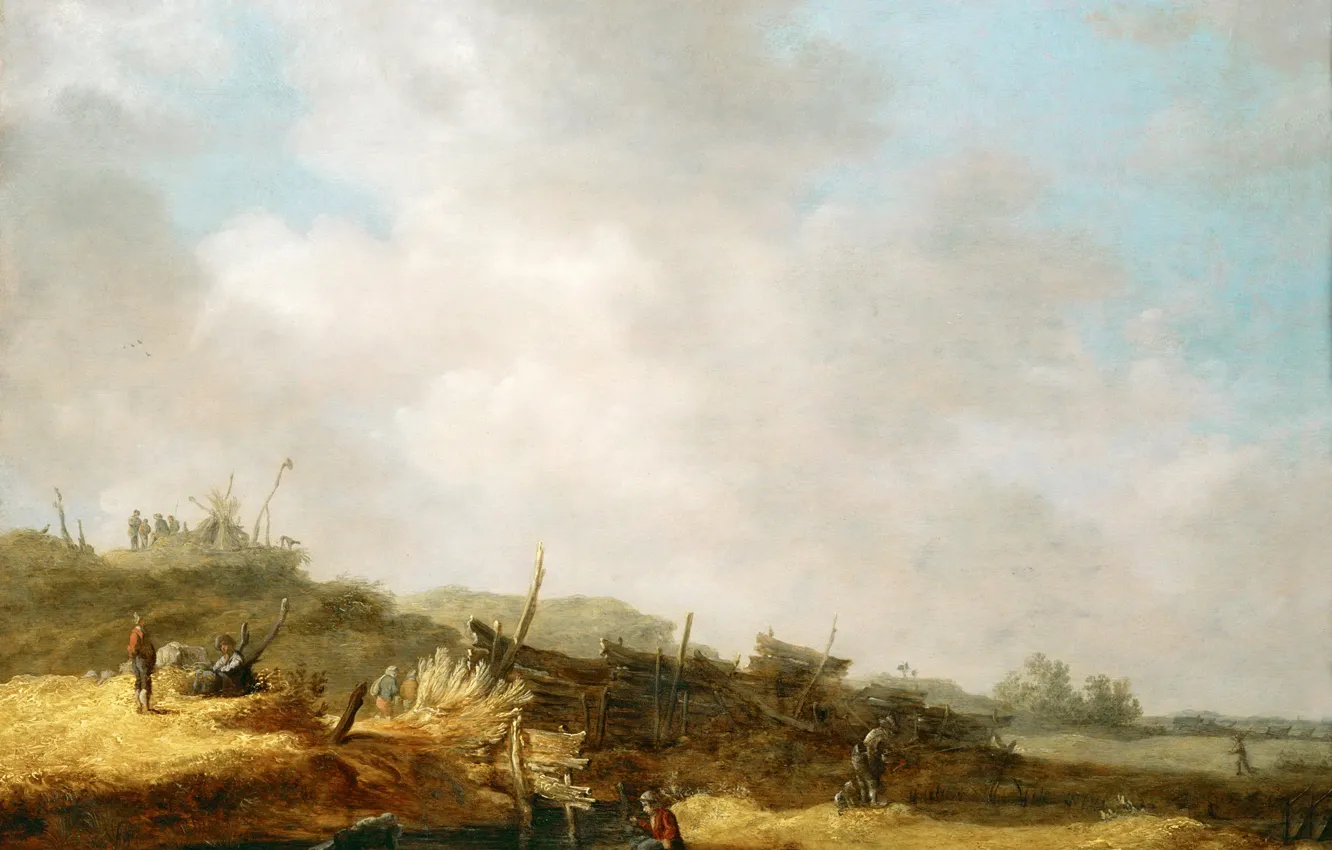 Фото обои пейзаж, ручей, люди, холмы, картина, Jan van Goyen, Landscape with Dunes