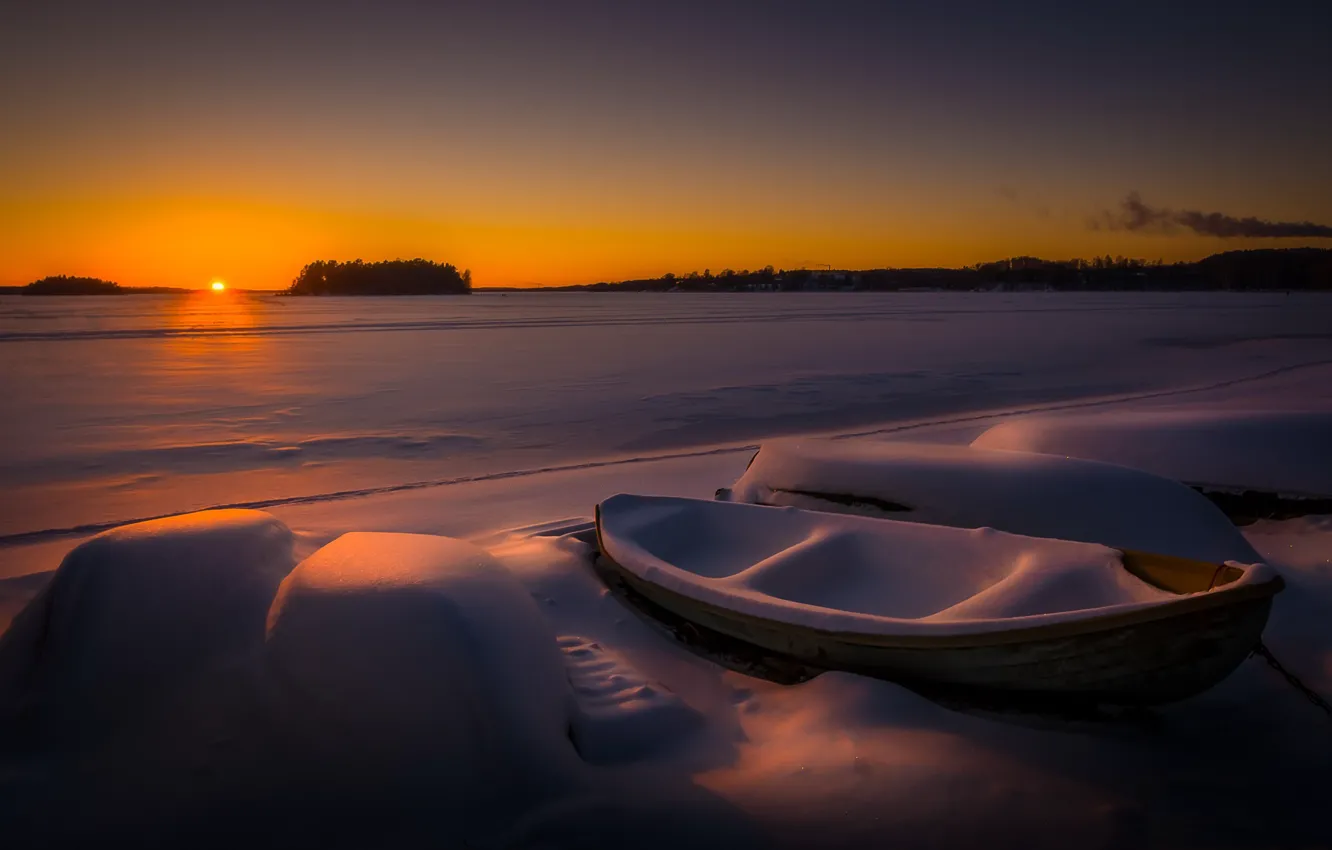 Фото обои зима, снег, ночь, лодка