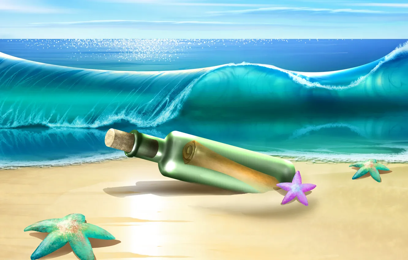 Фото обои море, волны, пляж, бутылка, wave, морские звезды, starfish, bottle