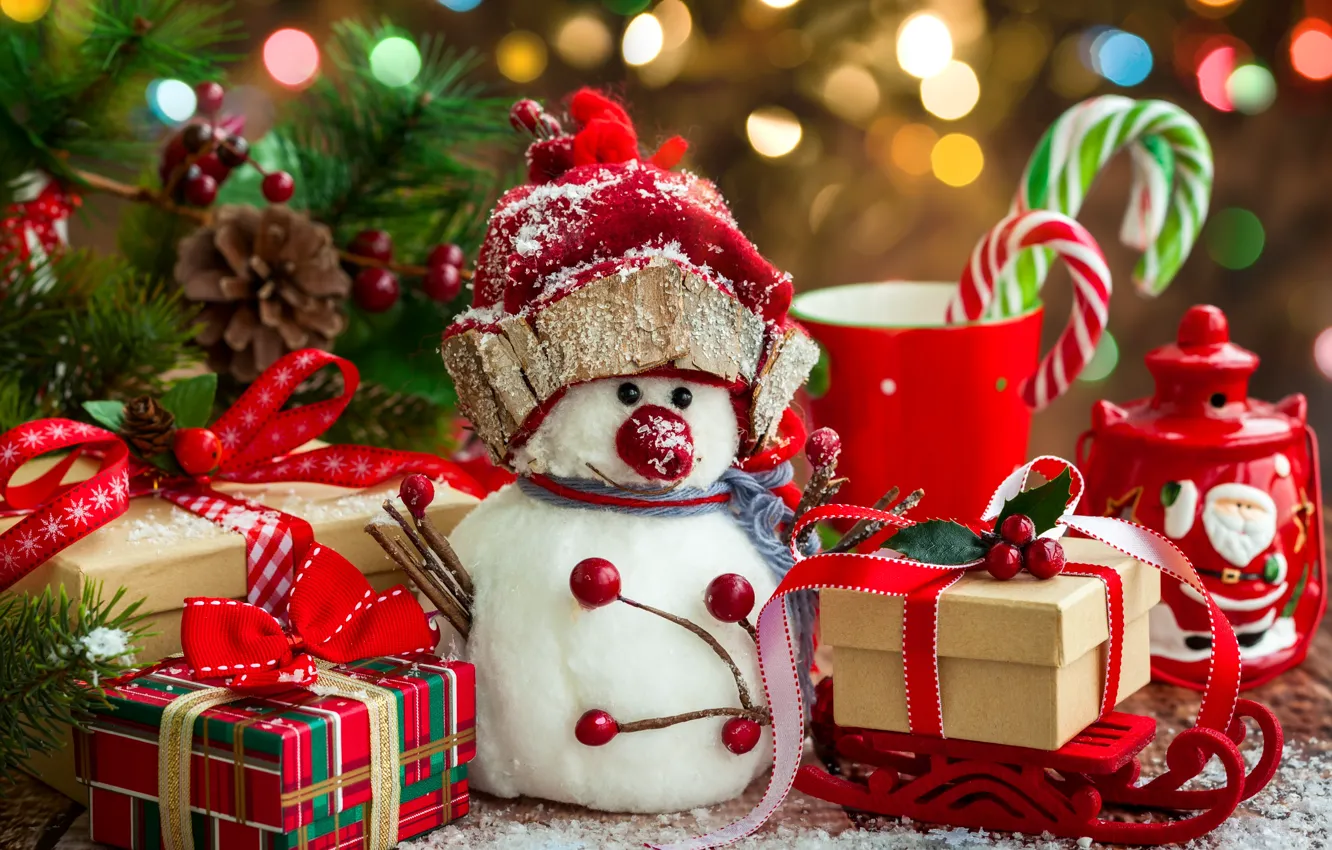 Фото обои украшения, елка, Новый Год, Рождество, подарки, снеговик, Christmas, Merry Christmas