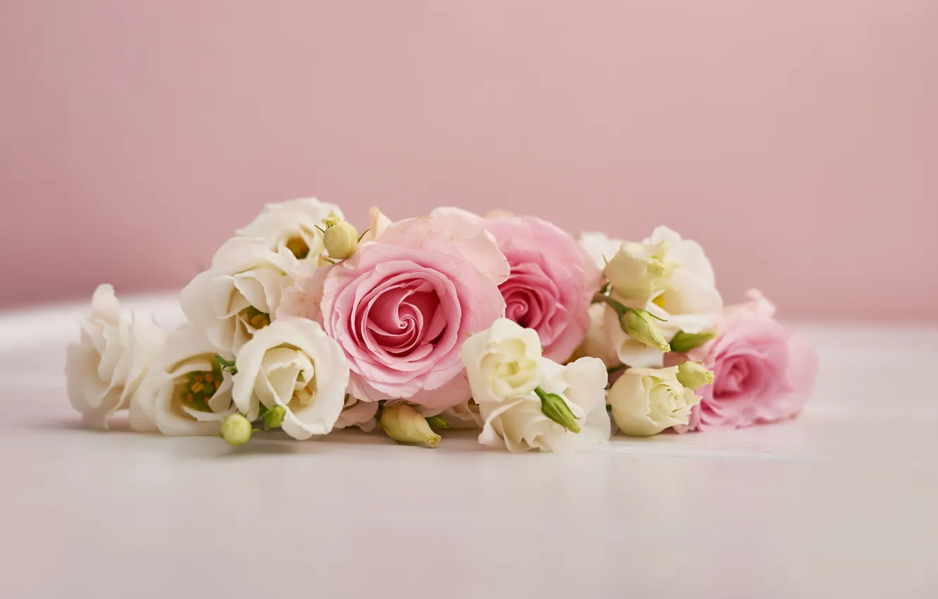 Фото обои цветы, фон, розовый, розы, букет, эустома, Yarovoy Aleksandr