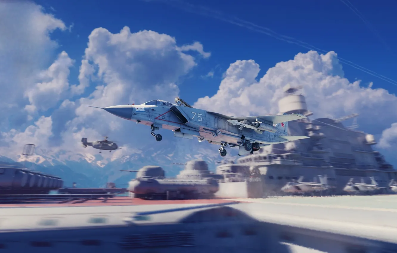 Фото обои Облака, Игра, Истребитель, СССР, Game, Взлет, Авианосец, War Thunder