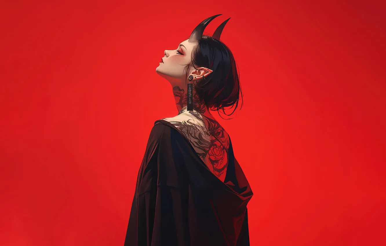 Фото обои Girl, Devil, Anime, Back, Tattoo, Demon, Horn, Red Background
