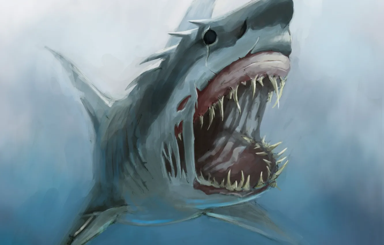 Фото обои монстр, акула, арт, пасть, клыки, под водой, голод