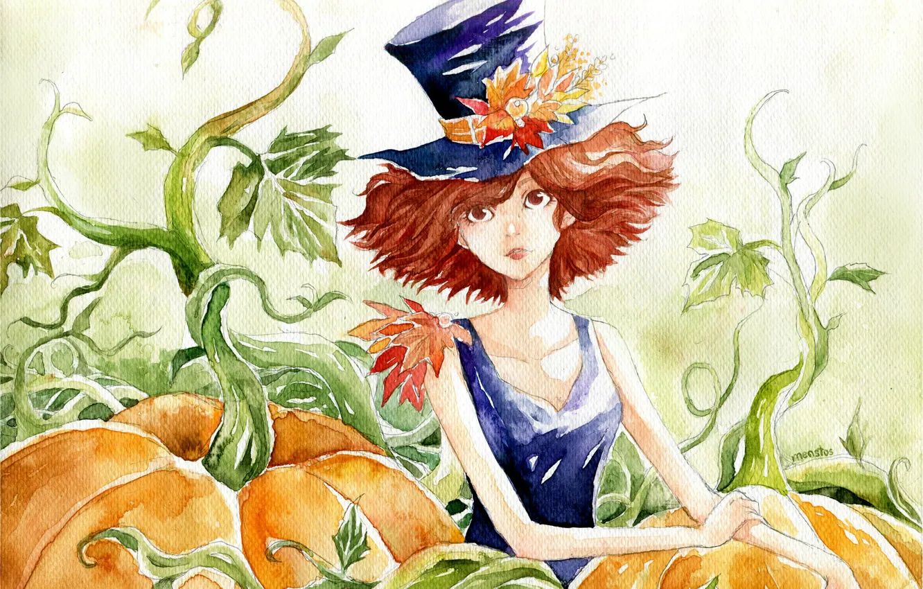 Фото обои листья, рисунок, шляпа, акварель, тыквы, рыжая, art, Menstos